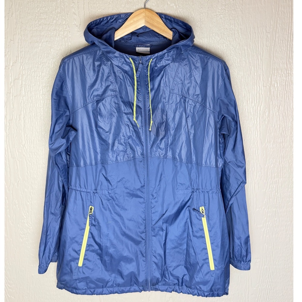 Columbia Mens Blue Full Zip Hooded Travel windbreaker Jacket Large Packable
